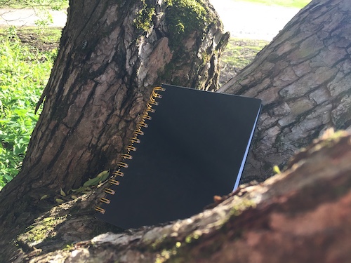 Musta, tukeva muistivihko kävelyllä kirjoittamista varten.